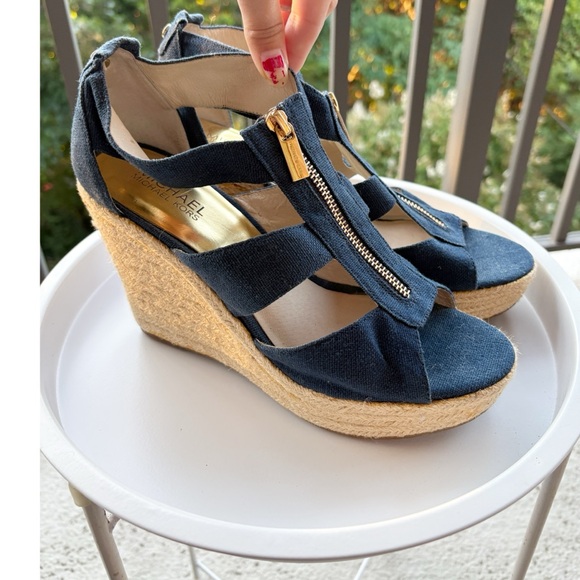 Michael Kors Navy Blue Espadrille Platform Wedge Zipper Sandals - Picture 1 of 7